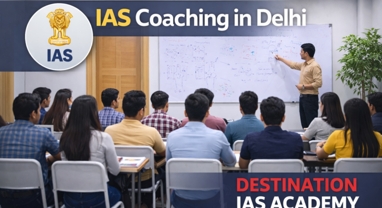 Students attending IAS coaching classroom session at Destination IAS Academy in Delhi with teacher explaining on whiteboard
